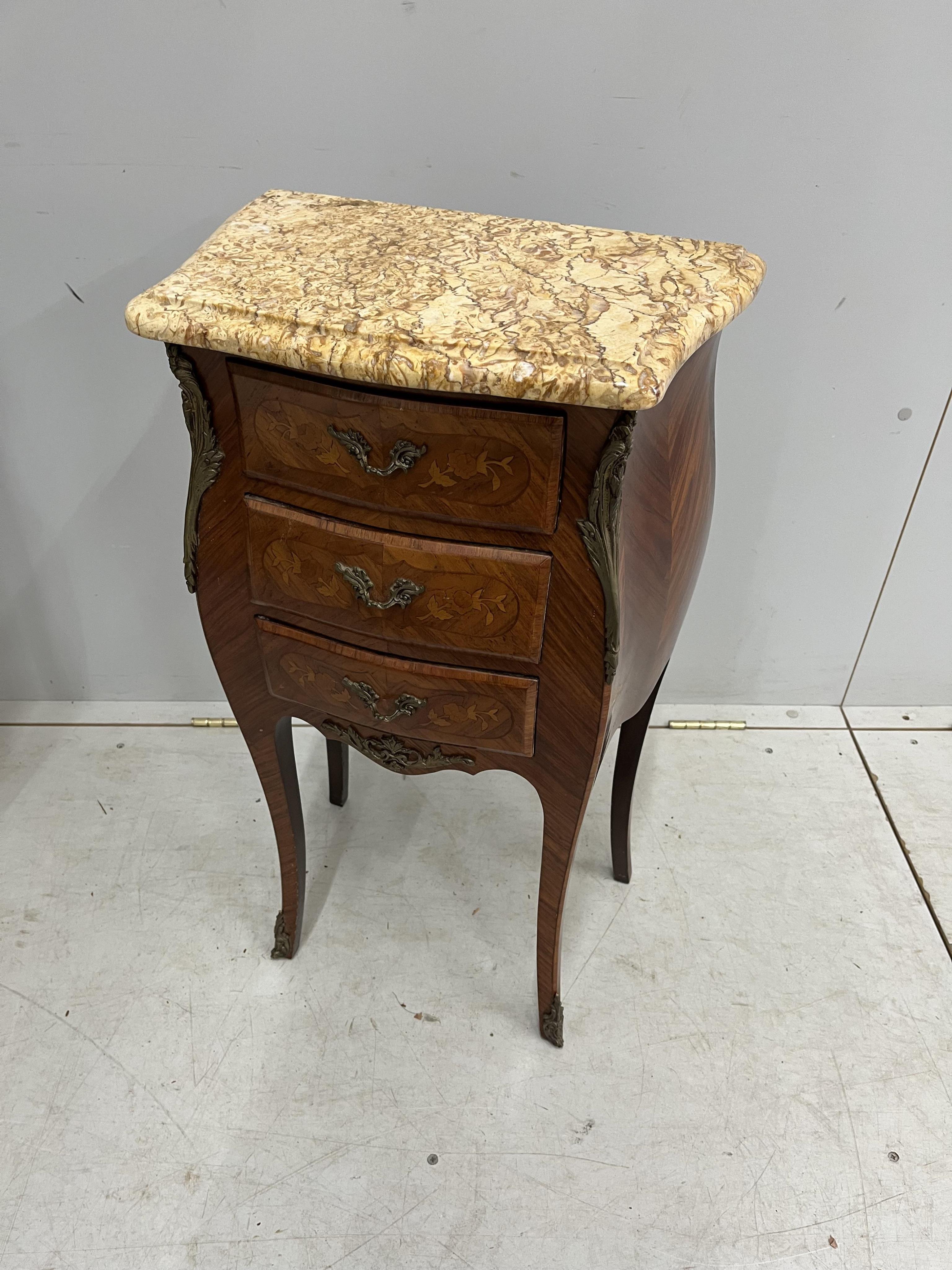 A pair of Louis XVI style gilt metal mounted and marquetry inlaid marble topped three drawer bedside chests, width 42cm, depth 27cm, height 74cm. Condition - good